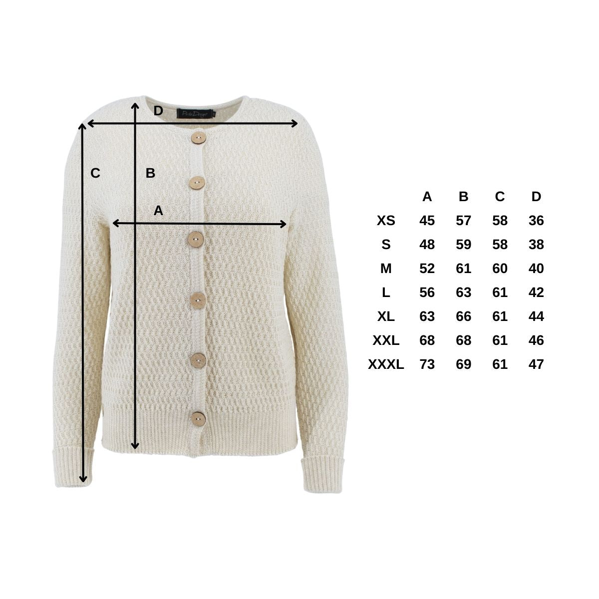 Pirita Design alpakkaneuletakki Kivi color white neuleen mitat