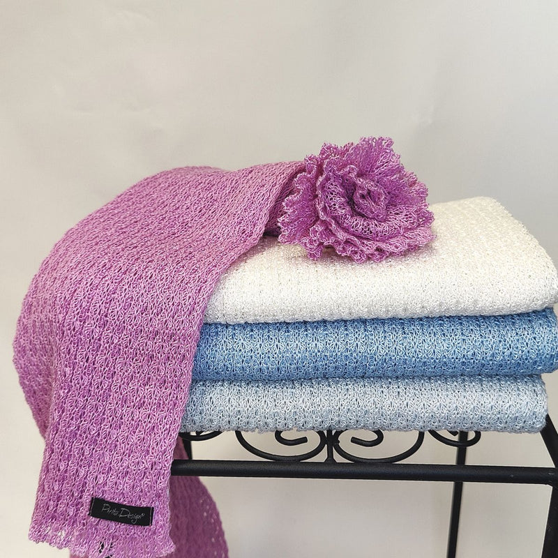 Pirita Design pellavahuivi Rosanna color orchid, white, sky blue ja pearl