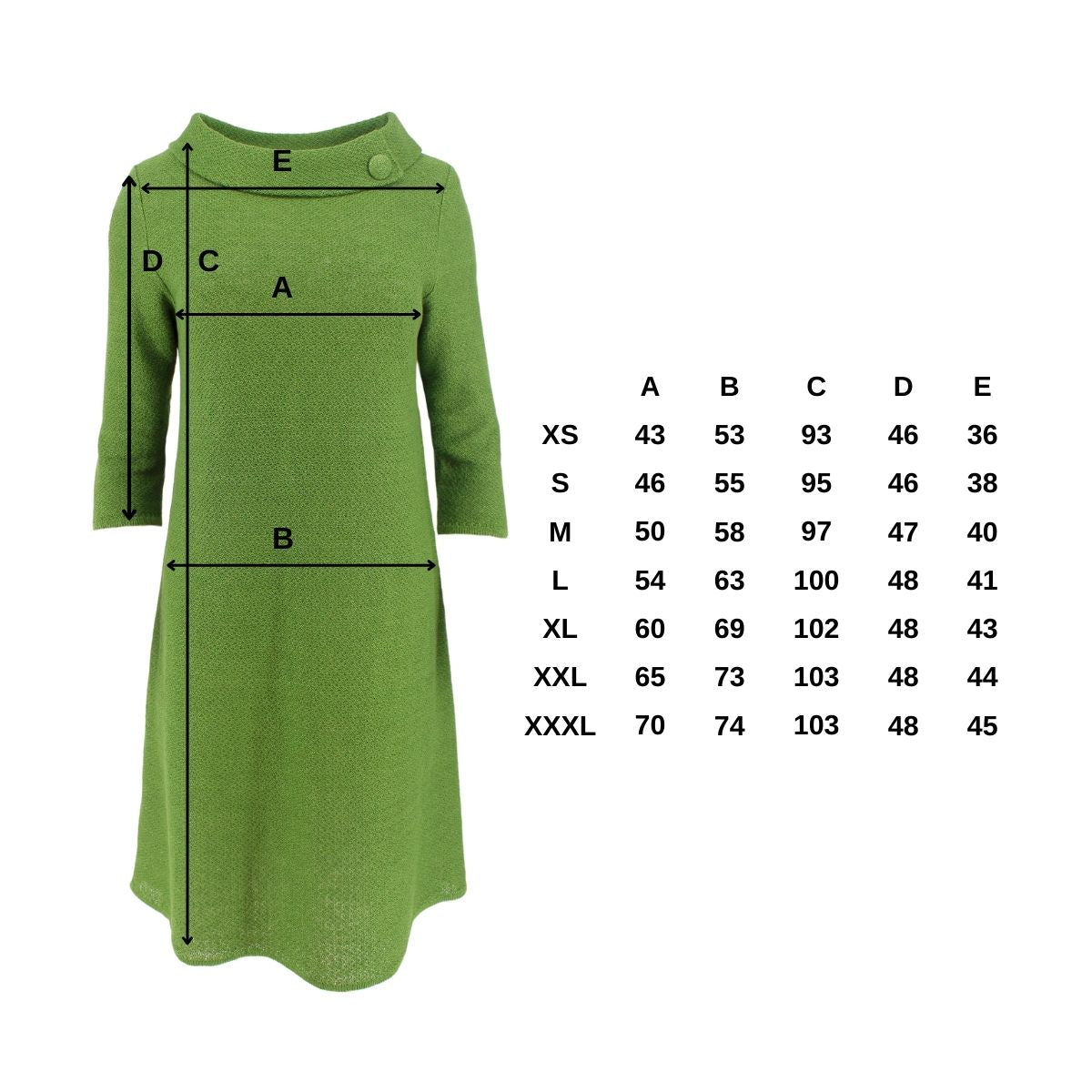 Pirita Design pellavaneulemekko Debbie mittataulukko color grass green