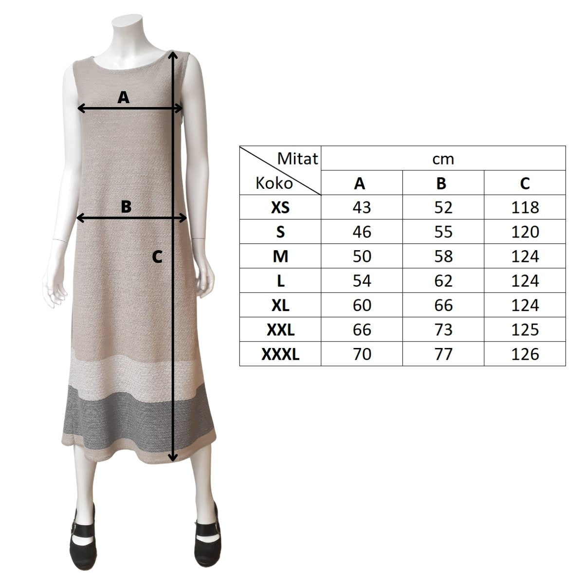 Pirita Design Leinikki-mekko pellava mittakuva